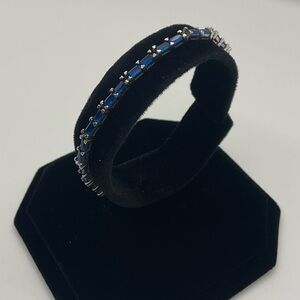 Sapphire Baguette Tennis Bracelet set in Sterling Silver Lab Created Stones 6.5”